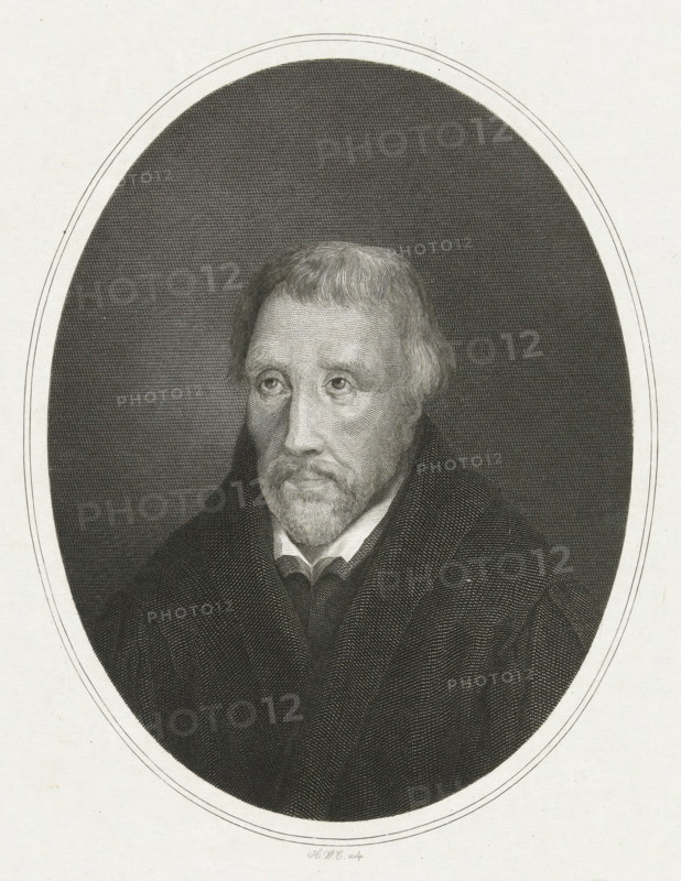 Man bust in oval, print, printmaker: Henricus Wilhelmus Couwenberg, Amsterdam, 1829 - 1845, paper, chine collé, etching, engraving, engraving and etching on chine collé, height 273 mm x width 190 mm, anonymous historical person depicted, An engraved oval portrait shows an older man from the chest up against a dark textured background, his face rendered with fine lines showing a short fringe hairstyle, mustache and beard, and a contemplative expression with eyes looking slightly upward; he wears a high-collared shirt and a dark cloak or coat with visible fabric texture, and the oval is set within a plain light-colored border and surrounding light paper.