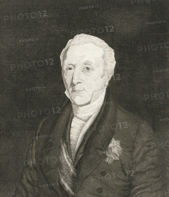Portrait of Willem Frederik Baron van Roëll, print, printmaker: Henricus Wilhelmus Couwenberg, Amsterdam, after drawing by JB Clermans, c. 1835, paper, etching, engraving, engraving and etching, height 258 mm x width 222 mm, Person, Willem Frederik Baron Roëll, A monochrome engraved portrait of an older man shown from the chest up against a dark textured background, with light hair combed back and a lined face, wearing a high-collared shirt and cravat beneath a dark coat and wide lapels, the coat decorated with a star-shaped medal on the chest.