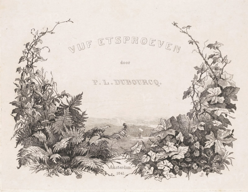 Artist at work in nature, print, Cover image for folder with five etching proofs. In a landscape, an artist sits under the protection of a parasol, working from nature. With a floral border of fern and ivy., printmaker: Pierre Louis Dubourcq, Netherlands, in or before 1841, paper, chine collé, etching, etching on chine collé, height 185 mm x width 240 mm, working situations of artist - BB - out of doors, A detailed ink drawing shows dense foliage framing a central open space, with climbing vines and broad leaves rising from the lower corners toward the top, delicate tendrils and small leaves extending outward, and various textured plants including ferns and morning-glory–like blooms filling the foreground; between the plant masses a distant coastal scene with a calm sea and a small sailing vessel near the horizon is visible, and the whole image is rendered in fine line work on a pale, slightly textured background.