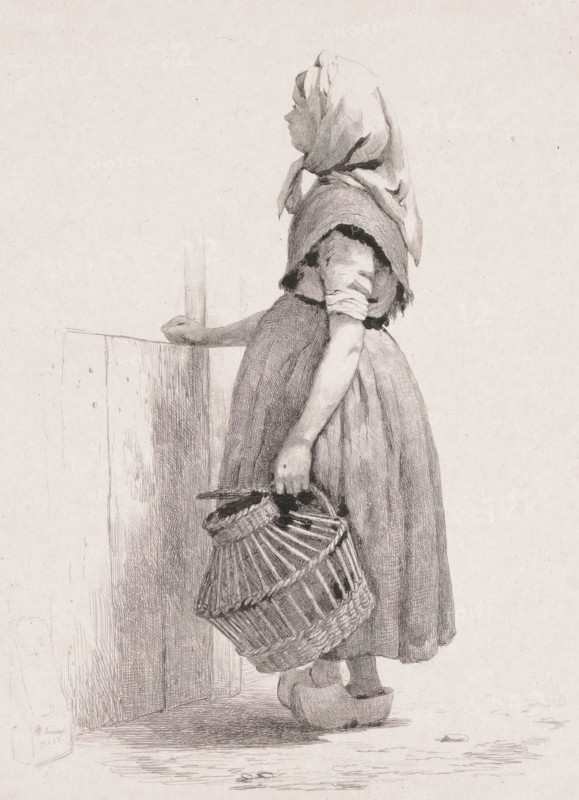 Standing girl with poultry basket, Five etching proofs, print, printmaker: Pierre Louis Dubourcq, Netherlands, 1838, paper, chine collé, etching, drypoint, etching and drypoint on chine collé, height 260 mm x width 207 mm, fowl (cock, hen, chicken, etc.) (animal cage), A pencil or ink drawing of a young girl shown in profile standing beside a low wooden railing, wearing a headscarf tied under her chin and a layered outfit with a short sleeved blouse beneath a shawl, a full skirt, and wooden shoes; one arm rests on the railing while the other hangs down holding two woven baskets stacked together, and the scene shows fine crosshatching and textured shading on the clothing, baskets, railing, and ground.
