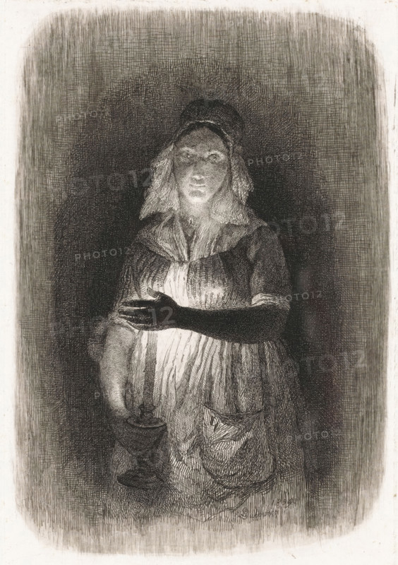 Maid with burning candle, Five etching proofs, print, printmaker: Pierre Louis Dubourcq, Netherlands, 1839, paper, etching, drypoint, intaglio printmaking technique, etching and drypoint with plate tone, height 170 mm x width 113 mm, maid, house personnel, chandelier, candelabrum (kindling a light, lit, burning light, lamp, candle), A monochrome etched image shows a woman standing and facing forward, illuminated from below by a light source she holds in one hand; she wears a simple dress with a gathered bodice and a bib-style collar, an apron with a pocket, and a cap covering her hair. Her face is lit from beneath, casting shadows around her eyes and cheekbones, and her other arm is held across her chest. The background is densely hatched, creating a dark halo around her that fades into lighter cross-hatched areas toward the edges of the image. The overall effect is high contrast between the bright central figure and the heavily textured, shadowed surroundings.
