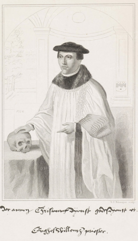 Portrait of Angelus Merula, print, priest. He is wearing a chasuble and a beret. His right hand rests on a skull. An apse is visible behind him. Below the image is a two-line text containing, among other things, the name of the sitter., printmaker: Willem Frederik Wehmeyer, Amsterdam (possibly), 1834 - 1854, paper, etching, roulette, steel etching and roulette, height 243 mm x width 141 mm, Person, Angelus Merula, historical persons, adult man, death's head, skull (symbol of Death), A monochrome engraving of a man standing in front of an architectural backdrop, wearing a long pleated robe with a fur collar and a dark cap, his hair visible at the sides. He faces slightly to the viewer's left with a neutral expression, one hand resting on a human skull placed on a draped table and the other hand extended with two fingers pointing. Behind him are columns framing an arched area with a circular shape near the top and faint landscape details visible through the left opening. A rectangular pa...