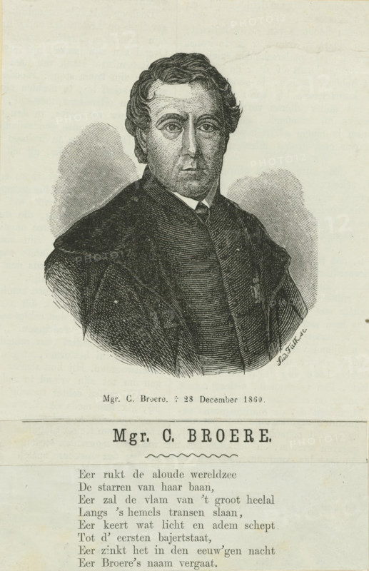 Portrait of Cornelis Broere, print, Portrait of Cornelis Broere. In the lower margin his name, his title, his date of death and eight lines of Dutch text., printmaker: Lud. Falk, Netherlands, 1860 - 1899, paper, wood engraving, letterpress printing, wood engraving and text in letterpress, height 168 mm x width 110 mm, Person, Cornelis Broere, A black and white engraved portrait of a man shown from the chest up wearing a dark clerical or formal garment with a high collar and a small visible tie, his hair wavy and combed back, an expressionless face with detailed shading and crosshatching, and shaded oval backgrounds behind his head; below the portrait is a centered printed nameplate and a column of printed text.