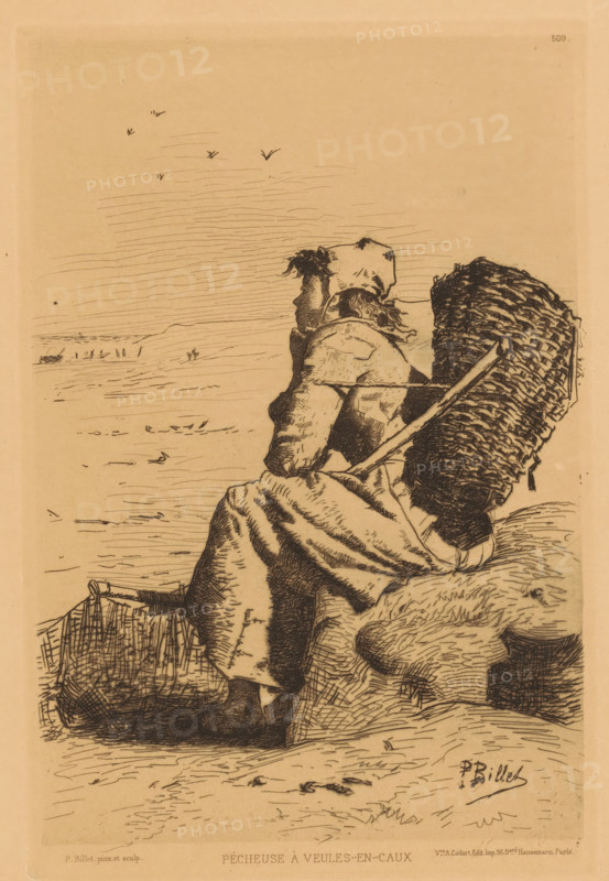 Pécheuse à Veules-en-Caux, Resting fisherwoman on the coast, print, Top left numbered 509., printmaker: Pierre-Célestin Billet, France, publisher: widow Alfred Cadart, Paris, 1847 - 1913, paper, etching, drypoint, intaglio printmaking technique, height 238 mm x width 160 mm, coast, fisherman, resting - BB - out of doors, A seated figure viewed from behind wears a loose garment and a head covering, with hair visible beneath the covering and a turned profile of the face. The figure holds a long handled tool that rests against a large woven basket strapped to the back. The person sits on a textured surface that looks like piled material and there is another woven container at their side. In the background a wide open flat landscape stretches to the horizon with sparse vegetation and a few simple linear marks suggesting distant objects. A small cluster of birds is drawn in the sky above the horizon. The image is rendered in fine dark lines on a pale, aged paper.