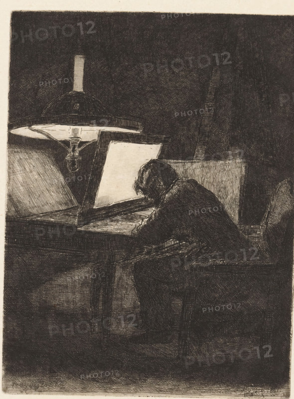 Etching by lamplight, Six Eaux-fortes, dessinées et gravées by F. Bonvin, Peintre, print, printmaker: François Bonvin, printer (person): Auguste Delâtre, Paris, 1861, printer (person), paper, etching, intaglio printmaking technique, height 217 mm x width 164 mm, Part of a six-part series, Peintre. The first state was published by Bonvin in Paris in 1861., engraver, etcher, artist at work, in his workshop, A monochrome ink drawing shows a person seated at a desk, leaning forward toward an open book or drawing board propped upright on the desk; the figure is viewed from behind and slightly to the side, with a rounded head and dark clothing rendered in dense crosshatching. Above and to the left of the desk a large hanging lamp with a wide shade and a visible bulb fixture casts light onto the open surface, which appears blank and lighter than the surrounding areas. The desk has a raised back edge and a visible drawer or ledge, and the chair has a simple straight-backed form. The background...