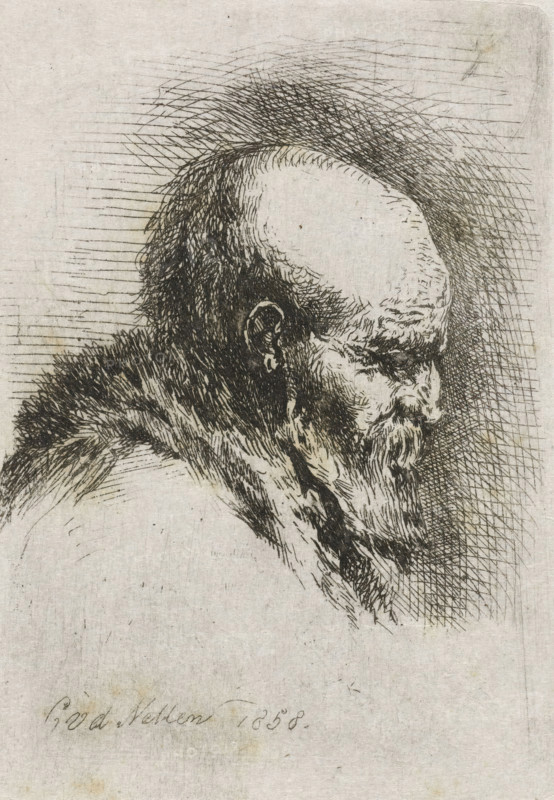 Portrait of an old man, print, An old bald man with a beard. Bust in profile to the right., printmaker: Cornelis Justinus Geisweit van der Netten, Netherlands, 1858, paper, chine collé, etching, etching on chine collé, height 72 mm x width 51 mm, old man (sideview, profile), A close-up etched portrait of an elderly man shown in profile facing right, with a high forehead and a receding hairline, long unkempt hair at the back of his head, a long thick beard, and a fur or heavy garment around his shoulders; the image is composed of fine cross-hatched lines and shading on a textured, light-colored paper background.
