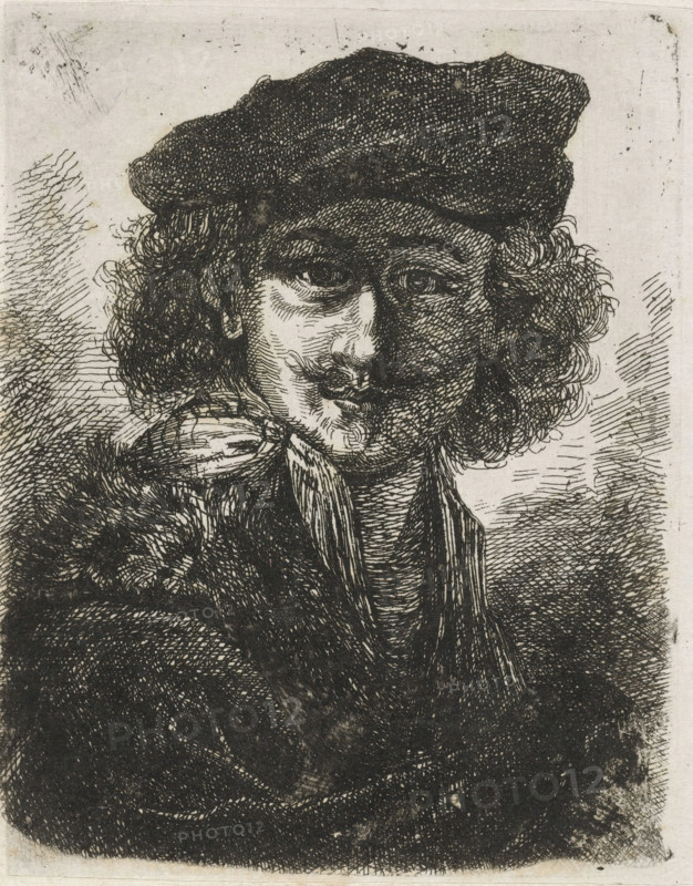 Portrait of Rembrandt Harmensz. van Rijn, print, Bust of Rembrandt Harmensz. van Rijn, wearing a beret, facing right., printmaker: Cornelis Justinus Geisweit van der Netten, Netherlands, 1851 - 1875, paper, chine collé, etching, etching on chine collé, height 94 mm x width 73 mm, Person, Rembrandt van Rijn, A monochrome etching shows a head-and-shoulders portrait of a person wearing a dark cap and a scarf tied at the neck, with curly hair emerging from beneath the cap and framing the face. The face is rendered with dense cross-hatching and visible line work around the eyes, nose, mouth, and jaw, and the eyes look forward. The clothing appears heavy and textured, with thick, dark shading creating a sense of volume across the shoulders and chest. The background is lightly hatched with irregular lines and blank areas, and the paper shows slight discoloration and spotting.