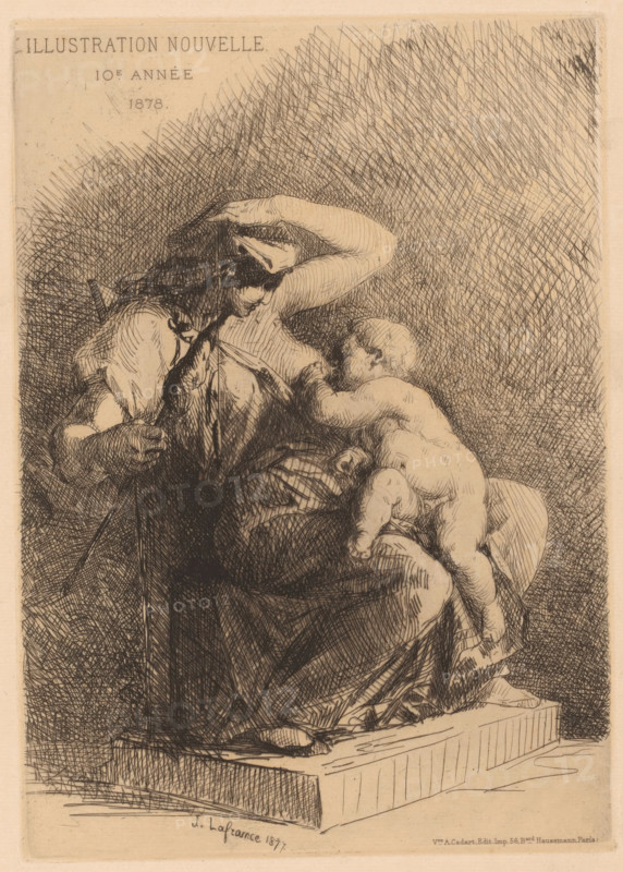 Mother with child at the breast, print, printmaker: Jules Isidore Lafrance, France, publisher: widow Alfred Cadart, Paris, 1877, paper, etching, engraving, drypoint, intaglio printmaking technique, height 277mm x width 197mm, feeding a baby, A detailed ink drawing of a seated woman holding a child, rendered with dense crosshatching and fine lines; the woman wears draped clothing and a head covering and holds a staff in one hand while the other arm bends above her head, the child is unclothed and rests on her lap with limbs curled, both figures are shown on a rectangular plinth with fabric folds and shadowing around them, and the background is filled with dense diagonal hatch marks.