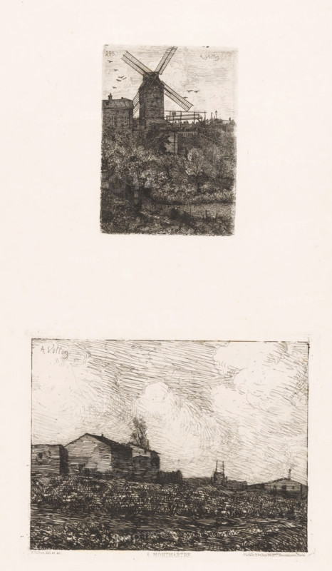 In Montmartre., View of the Moulin de la Galette in Montmartre, print, Numbered top left: 295., printmaker: Antoine Vollon, France, printer (person): Alfred Cadart, Paris, 1843 - 1875, printer (person), paper, etching, drypoint, intaglio printmaking technique, etching and drypoint with plate tone, printed from two plates on an uncut sheet, height 102 mm x width 73 mm x height 126 mm x width 161 mm, windmill, city-view in general, 'veduta' - II - ideal city (city(-scape) with figures, staffage), Montmartre, A tall windmill with angled sails stands atop a rise, surrounded by a low building and fencing, with birds visible in the sky; below the rise a dense area of textured foliage and shrubs fills the foreground.