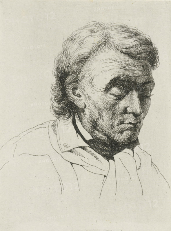Portrait of an old man with closed eyes, print, printmaker: Jean Zacherie Mazel, Netherlands, 1802 - 1884, paper, chine collé, etching, etching on chine collé, height 108 mm x width 78 mm, old man, eyes closed, A detailed ink drawing of an older person shown from the shoulders up, with wavy hair combed back and textured shading across the forehead and temples, deep-set eyes with heavy shadowing around them, pronounced cheekbones and creased skin around the mouth and jaw, a prominent nose, and a high-collared garment with a loose scarf or draped fabric around the neck, all rendered on a light, textured paper background.