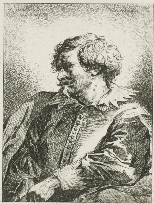 Portrait of a man, print, Portrait of a man in a collared suit. At the bottom in the margin the dedication with a coat of arms, with a lion, on the clouds., Hippert&Linnig 2, printmaker: Jean Zacherie Mazel, Netherlands, 1802 - 1884, paper, chine collé, etching, etching on chine collé, proof print, height 134 mm x width 89 mm, adult man, A detailed black and white ink drawing of a seated man shown from the chest up, turned in three-quarter profile with his head facing left; he has wavy hair and a mustache with a small pointed beard, a high collared shirt with a jagged edge peeking from under a buttoned jacket, and his folded arms rest across his body with one hand visible; fine crosshatching and line work create shading on his face, clothing, and the textured background.