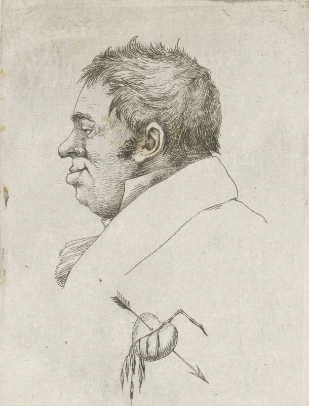 Portrait of Jantje de Wit, print, notary in Amsterdam, in profile. In the center bottom a heart pierced by an arrow and a broken branch with drooping leaves., inscription: 'Jantje de Wit - oudliefhebber, drawn at table d'hote in the Rondiel', printmaker: Jean Zacherie Mazel, Netherlands, 1802 - 1884, Jean Zacherie Mazel, printmaker, paper, chine collé, etching, etching on chine collé, height 108 mm x width 79 mm, Person, Jantje de Wit, heart symbolism, archer's weapons: arrow, A monochrome line drawing of a man's profile facing left, showing a short, tousled hairstyle, a pronounced nose, closed lips, visible ear, and textured facial lines, with a high collar around his neck; below and offset is a sketch of a heart pierced by an arrow with a stem and tattered ribbon-like elements hanging from it, all on a lightly speckled, aged paper background.