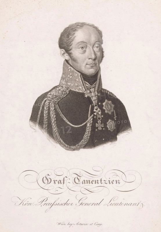 Portrait of Friedrich Bogislaw Emanuel Tauentzien von Wittenberg, print, printmaker: Johann Georg Mannsfeld, Vienna, publisher: Artaria & Co., 1774 - 1817, Lower Austria, paper, stippling, height 253 mm x width 211 mm, Person, Friedrich Bogislaw Emanuel Graf Tauentzien von Wittenberg, historical persons, A monochrome engraved portrait of a man shown from the chest up wearing a high-collared ornate military uniform with braided cords and decorative shoulder epaulets, medals, and star-shaped insignia on the chest; he has short, wavy hair, sideburns, and a neutral facial expression while looking slightly to one side, set against a plain light background.