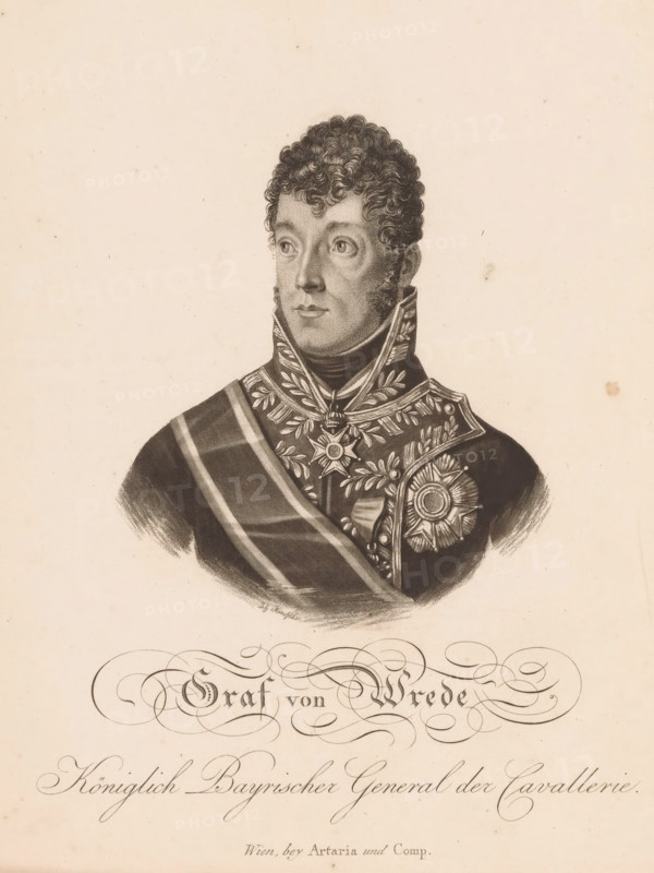 Portrait of Carl Philipp von Wrede, print, printmaker: Johann Georg Mannsfeld, Vienna, publisher: Artaria & Co., 1774 - 1817, Lower Austria, paper, stippling, aquatint, stippling and aquatint, height 258 mm x width 209 mm, Person, Carl Philipp von Wrede, historical persons, A sepia-toned engraved portrait shows a man from the chest up wearing an ornate military uniform with decorative embroidery, a sash across his shoulder, and a star-shaped medal pinned at the chest. He has tightly curled dark hair and prominent sideburns, a high stiff collar framing his neck, and a calm, forward-gazing expression. The background is plain and aged with small spots and discoloration.