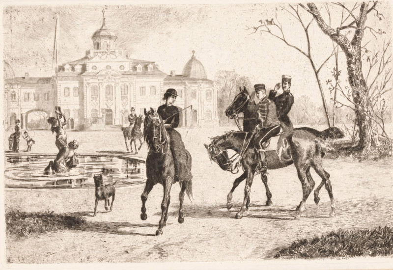 Riders in front of the Belvedere in Weimar, print, inscription: 'From: 'Radierung', Weimar 1886', printmaker: Conrad Ahrendts, Weimar, publisher: Weimarer Radierverein, 1886, Thuringia, chine collé, paper, etching, height 199 mm x width 296 mm, ornamental fountain, palace, private soldier (cavalry, horsemen), Vatican City, Belvedere Villa (Vatican City), A monochrome etching shows a formal building with ornate facades and domed roofs in the background, a tall flagpole nearby, and leafless trees on the right; in the foreground several riders on horses occupy the open plaza, one woman in a dark dress and hat riding toward the viewer, two uniformed men on horseback conversing to her right, another rider approaching from the building, and a small dog standing near the central horse; to the left a circular fountain contains a partially submerged figure and a standing adult holding a hat aloft while a child and another woman stand nearby, and a large tree trunk with bare branches frames the ...