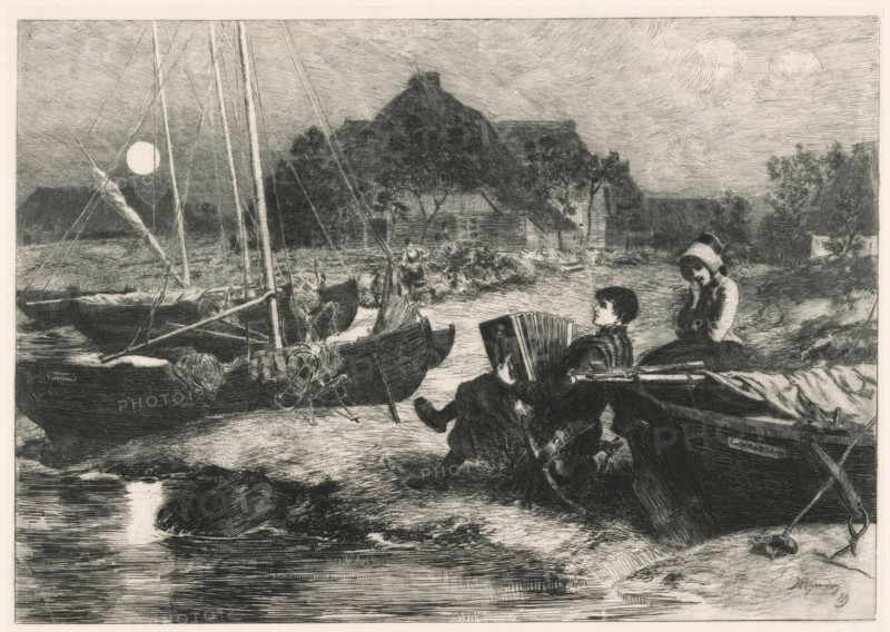 Riverbank with boats and a boy playing an accordion, print, inscription: 'From: 'Radierung', Weimar 1889', printmaker: Conrad Ahrendts, Weimar, publisher: Weimarer Radierverein, 1889, Thüringen, chine collé, paper, etching, intaglio printmaking technique, height 213 mm x width 293 mm, sailing-ship, sailing-boat, moonlight, river bank, accordion - CC - out of doors, A waterside scene rendered in monochrome shows several small boats moored along a shoreline with tall masts and coiled ropes, their hulls resting on the ground and water reflecting light. In the foreground a seated figure plays a large accordion while another seated figure nearby wears a bonnet and rests a hand against their cheek. Behind them the shore leads to a cluster of thatched-roof buildings partially obscured by trees, and a person stands among vegetation near the buildings. The sky above is textured with sweeping line work and contains a bright circular light near the horizon. The overall image is detailed with cros...