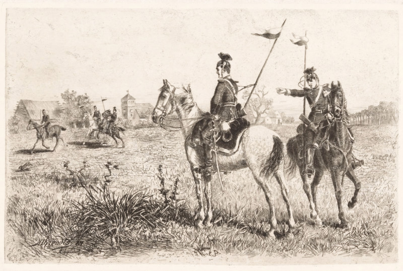 Five uhlans in Eggersdorf, Eggersdorf, print, inscription: 'From: 'Radierung', Weimar 1886', printmaker: Conrad Ahrendts, Weimar, publisher: Weimarer Radierverein, 1884, Thuringia, chine collé, paper, etching, intaglio printmaking technique, height 197 mm x width 298 mm, private soldier (cavalry, horsemen), A monochrome etching showing a group of mounted soldiers in a grassy field, with two soldiers in the foreground on horses facing slightly toward the right, one holding a long flagpole with a flag and the other pointing to the right; both wear helmets and military coats with equipment strapped to their saddles. In the middle ground to the left, there are more riders on horseback moving across the field toward a cluster of buildings that include a thatched structure and a taller tower-like building with a small flag on top. The landscape is detailed with tall grasses and clumps of vegetation in the foreground, a line of trees along the horizon at the right, and scattered bushes and sm...