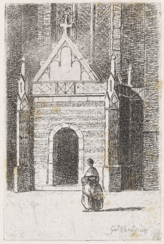 Woman at a church portal, print, printmaker: Gijsbertus Johannes Verspuy, Netherlands, 1833 - 1862, paper, chine collé, etching, etching on chine collé, height 78 mm x width 50 mm, parts of church exterior and annexes: portal, A detailed pen drawing of a tall stone facade with a pointed decorative gable and flanking pinnacles above a large arched doorway, textured brickwork and vertical shaded panels surrounding the central structure, and a small figure seated on the ground near the entrance, viewed from behind.