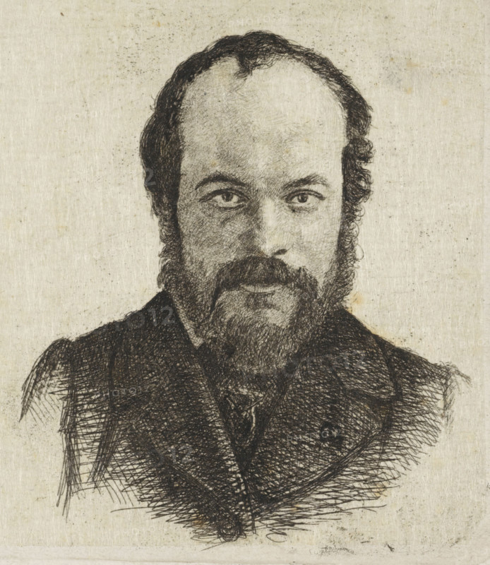 Portrait of Jan Weissenbruch, print, Portrait of the artist Jan Weissenbruch, older brother and teacher of the manufacturing artist., printmaker: Frederik Hendrik Weissenbruch, The Hague, 1863, paper, chine collé, etching, drypoint, etching on chine collé', worked up with drypoint, height 88 mm x width 140 mm, Person, Jan Weissenbruch, historical persons, portrait, self-portrait of artist, beard, A monochrome sketch of a man's head and upper torso rendered with dense crosshatching on textured paper, showing a receding hairline with curly dark hair at the sides, a full beard and mustache, a serious gaze with detailed eyes and arched eyebrows, and a collared garment with layered, heavily shaded fabric around the shoulders and chest.