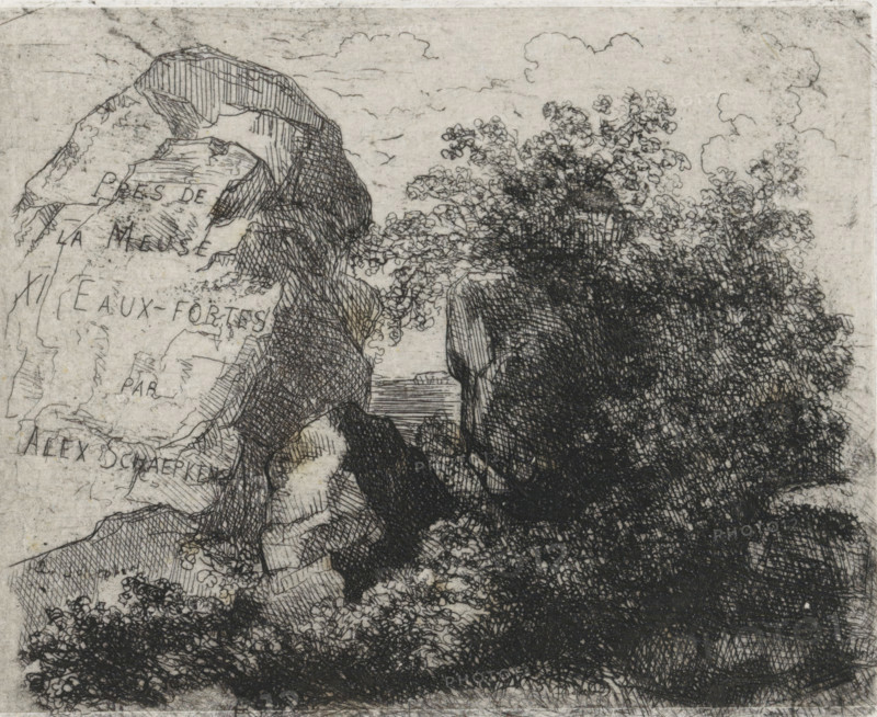 Boulders and bushes on the Sint Pietersberg, Boulders and bushes (former title), Près de la Meuse, 11 Eaux-Fortes, print, printmaker: Alexander Schaepkens, c. 1859, paper, chine collé, etching, height 85 mm x width 104 mm, Etching from the series Montagne Saint Pierre (1859), rock-formations, Sint-Pietersberg, A detailed black and white etching shows a rugged rocky cliff on the left with layered striations and a large rounded rock formation, dense shrubbery and leafy bushes occupy the right side with intricate fine lines suggesting foliage, a narrow strip of water is visible between the rocks near the center, faint cloud outlines appear in the sky, and textured shading and crosshatching cover the ground and rock surfaces.
