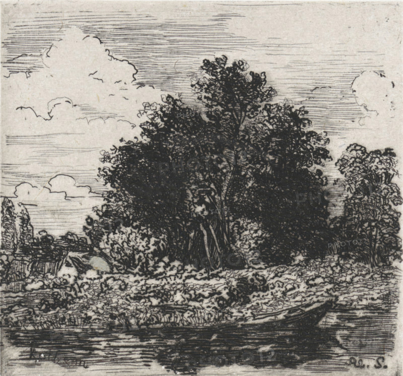 Rothem, Group of trees, Près de la Meuse, 11 eaux-fortes, print, printmaker: Alexander Schaepkens, 1855, paper, chine collé, etching, height 83 mm x width 89 mm, Etching published in the series Près de la Meuse, par Alex.. Schaepkens (1855 or later)., trees, Limburg (Dutch province), A monochrome etching showing dense, dark foliage of tall trees and bushes occupying the central area, with visible trunks and tangled leaves rendered in fine lines and heavy shading; a textured foreground with scattered undergrowth and rough ground leading to a horizontal strip of water at the bottom that reflects some linear markings; a small boat-like shape near the right edge above the waterline; a background sky filled with linear hatch marks and outlined cloud shapes above and around the trees; overall intricate line work and varied hatching creating contrast between the dark vegetation and the lighter sky.