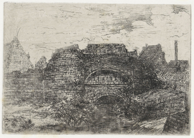 Ruins of ramparts, print, printmaker: Alexander Schaepkens, 1830 - 1899, paper, chine collé, etching, height 108 mm x width 155 mm, ruin of a building, architecture, walls, fortified city, A monochrome etching shows a riverside scene dominated by a large arched stone bridge with textured masonry and a smaller arch beneath it, flanked by rounded stone structures and layered rooftops. To the right, tiled roofs and a tall narrow chimney rise behind foliage, while to the left stepped stone forms and sloped surfaces lead toward the water. The water surface below the bridge reflects crosshatched lines and is bordered by low vegetation and irregular stonework. The sky above is filled with horizontal hatch marks and scattered cloud outlines, and the entire image is rendered with dense linear engraving and varied crosshatching.
