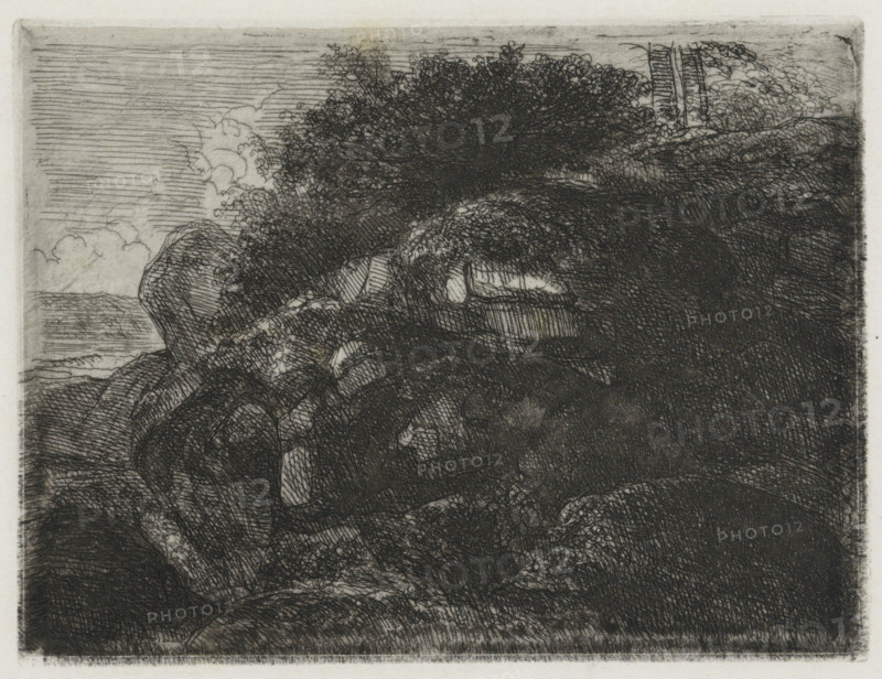 Rock formation, print, printmaker: Alexander Schaepkens, 1830 - 1899, paper, chine collé, etching, height 90 mm x width 117 mm, rock-formations, A detailed monochrome etching shows a rocky landscape with densely hatched shading and crosshatching that forms textured boulders and uneven ground, a dark mass of foliage rising near the top center with intricate leaf-like scribbles, a banded sky with horizontal hatch marks and soft cloud shapes at the horizon, and a narrow strip of pale border framing the scene.
