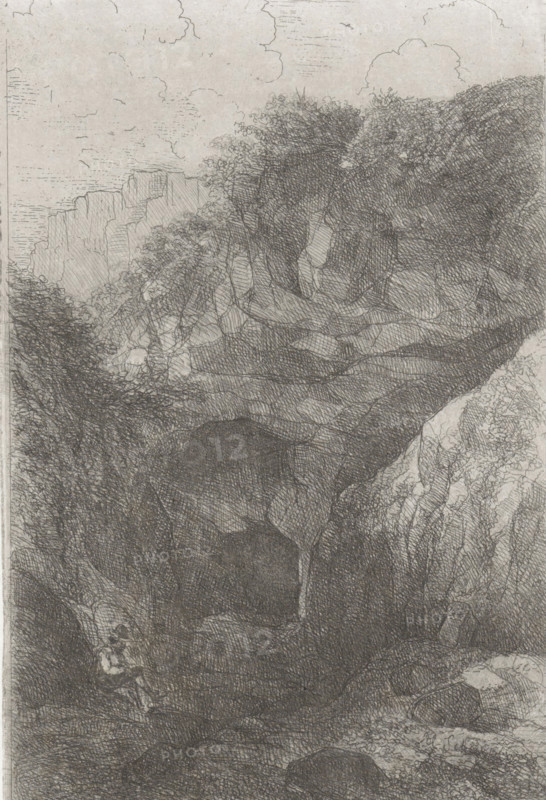 Two superimposed cave entrances (former title), Sint Pietersberg, Près de la Meuse, 11 Eaux-Fortes, print, printmaker: Alexander Schaepkens, c. 1859, paper, chine collé, etching, height 167 mm x width 108 mm, rock-formations, cave, grotto, Sint-Pietersberg, A monochrome pen or pencil landscape showing steep rocky cliffs and densely textured foliage, with layered crosshatching creating shadowed rock faces and dark crevices; trees and shrubs are depicted along the ridge lines with fine scribbled leaves, and a pale sky with soft, outlined clouds appears above the horizon; the foreground contains more heavily shaded rock surfaces and rough ground texture suggesting uneven terrain.