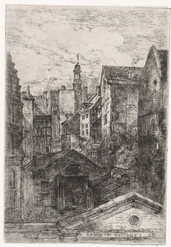 Behind the Meat Market, Maastricht, print, printmaker: Alexander Schaepkens, 1830 - 1899, paper, chine collé, etching, drypoint, etching and drypoint, height 154 mm x width 107 mm, The gate gave access to the Meat Market, where in earlier times the butchers sold their wares. The property extended into the Grote Staat, where the main entrance was., city-view, and landscape with man-made constructions, A detailed monochrome etching of a dense urban scene showing closely packed buildings with varied rooflines and architectural styles, including pitched roofs, gables, and a prominent roofed entrance with an arched opening; narrow alleys and shadowed recesses run between the structures, and a taller tower-like structure with a domed top rises toward the sky in the distance; façades display brick and timber textures rendered with fine crosshatching, and small windows of different shapes appear across the buildings; the sky above is filled with softly etched clouds and horizontal line work.