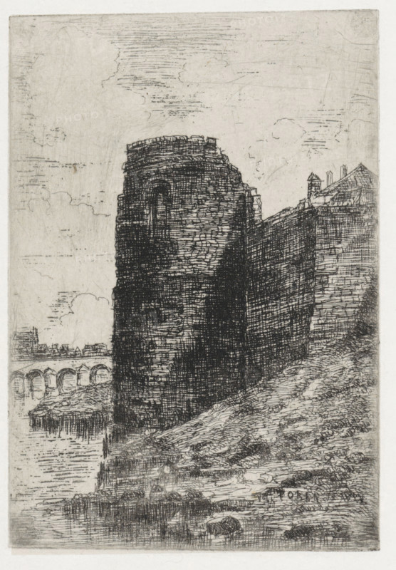 Maaspunt tower in the city wall of Maastricht, Tower in Wyk, print, Maaspunt tower in the city wall of Maastricht. On the right, roofs of the Société Céramique pottery factory, on the left the Maas Bridge and the left bank of the Maas., printmaker: Alexander Schaepkens, 1830 - 1899, paper, chine collé, etching, height 155 mm x width 107 mm, towers, fortified city, Maastricht, A monochrome etching showing a tall, rounded stone tower and adjoining straight wall rising from a sloped, textured ground beside a body of water, with detailed crosshatching and stacked stone patterns on the tower and wall, a series of arches of a bridge visible in the background across the water, small buildings and rooftops on the far shore, a pitched roof and chimney structures atop the wall on the right, stippled and lined indications of clouds and sky above, and rippled, lined reflections and shore textures in the water below.