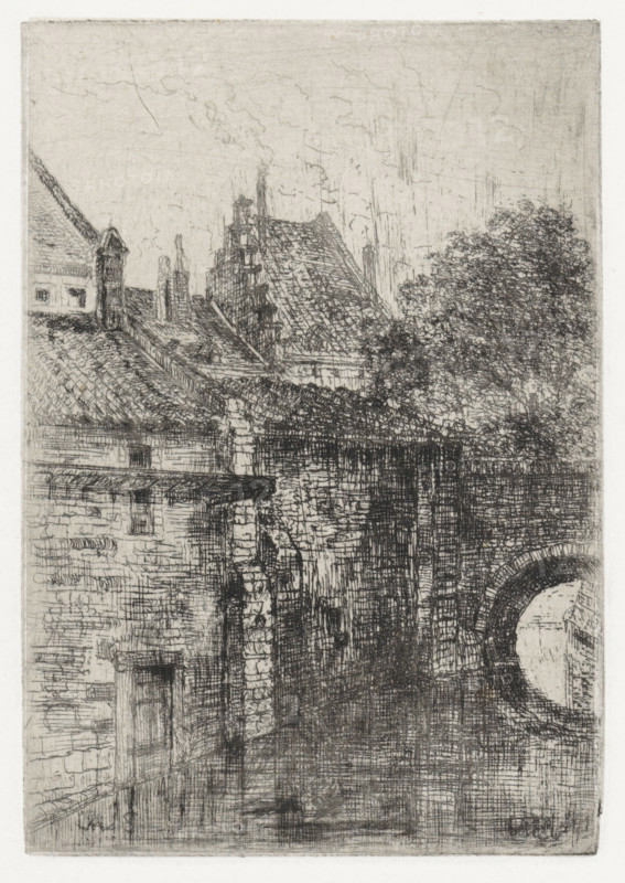 Gaer, Houses by a bridge over the Jeker, Maastricht, print, printmaker: Alexander Schaepkens, 1830 - 1899, paper, chine collé, etching, height 155 mm x width 109 mm, It possibly concerns a small bridge over the section of the Jeker that runs between Tafelstraat and Achter de Molens., city-view, and landscape with man-made constructions, bridge, An etching of a stone-built scene showing rooftops and chimneys with detailed roof tiles, a tall steep gabled roof at the center, and several smaller rooflines; a large leafy tree rises to the right, its foliage rendered with fine crosshatching; stone walls and masonry occupy the foreground with visible bricks and mortar, an arched opening appears at the lower right, and vertical and horizontal etched lines create texture across the walls and waterlike surface at the bottom; the sky is lightly sketched with faint clouds.