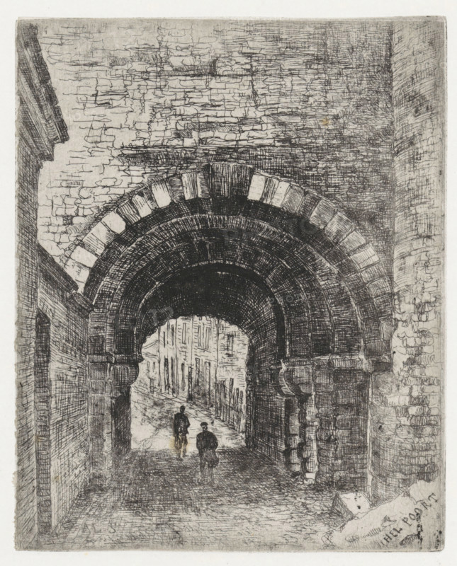 Hell Gate in Maastricht, Hell Gate, print, seen from the field side, with a view of Sint Bernardusstraat., printmaker: Alexander Schaepkens, 1830 - 1899, paper, chine collé, etching, height 172 mm x width 139 mm, city-gate, Maastricht, A detailed black and white etching shows a large stone archway with concentric semicircular bands of masonry leading into a narrow cobbled passage, flanked by textured brick walls and heavy pilasters; two small, loosely sketched figures walk away beneath the arch toward a distant street of tall, closely spaced buildings, while light and shadow are rendered through dense crosshatching and fine line work across the arch, walls, and ground.