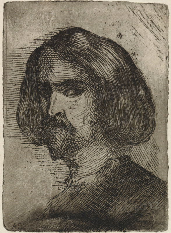 Portrait of Theodoor Schaepkens, Head of an unknown man with medium-length hair (former title), print, Portrait of the artist Theodoor Schaepkens, Arnoud's older brother., printmaker: Arnoud Schaepkens, 1831 - 1904, Arnoud Schaepkens, printmaker, paper, etching, aquatint, etching and aquatint, height 81 mm x width 57 mm, Person, Theodoor Schaepkens, anonymous historical person portrayed alone, A sepia-toned etching shows a three-quarter view of a man's head and upper torso facing left. The man has shoulder-length hair with visible individual strokes and a full mustache and beard rendered with fine cross-hatching. His nose is prominent and his eye looks toward the viewer. The background is textured with horizontal and diagonal etched lines and scattered speckling. The clothing is suggested with dense cross-hatched lines and the paper edge is visible around the image.