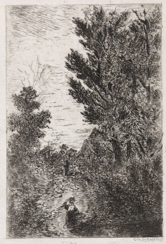Country road with walkers, print, printmaker: Arnoud Schaepkens, 1831 - 1904, paper, chine collé, etching, drypoint, etching and drypoint, height 192 mm x width 125 mm, landscapes, A vertical etching showing a narrow waterway flanked by dense trees and foliage, with tall, textured tree trunks and leafy canopies on the right and more sparse vegetation on the left, a small roof peeking through foliage mid-scene, rippled water surface leading toward the foreground, and a solitary figure standing in the shallow water near the bottom, wearing a dress and holding something near their face.