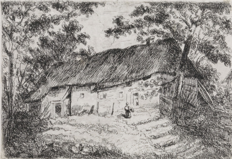 Long farmhouse, print, printmaker: Arnoud Schaepkens, 1831 - 1904, paper, chine collé, etching, drypoint, etching and drypoint, height 107 mm x width 152 mm, farm or solitary house in landscape, A pen-and-ink scene shows a thatched-roof building set among leafy trees, with dense, textured hatchwork on the roof and foliage; a fenced or boarded doorway is visible on one side, smaller door and window openings appear along the building facade, and a figure stands in front of the structure holding an object; the foreground contains textured ground marking and vegetation, while trees with detailed leaves frame the scene and branches cross the sky.