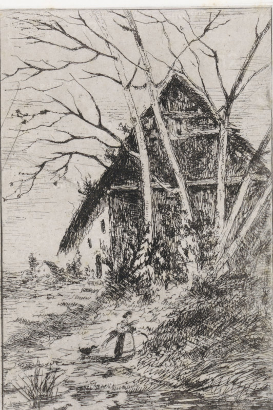 Hut under bare trees, print, printmaker: Arnoud Schaepkens, 1855 - 1904, paper, chine collé, etching, drypoint, etching and drypoint, height 216 mm x width 144 mm, cottage, trees, A detailed black ink sketch shows a tall, steep-roofed building partly obscured by several slender, leafless trees with many thin branches; dense cross-hatching and short strokes render the roof, walls, and surrounding foliage, while grasses and low plants cluster at the base of the building and along a winding path; in the foreground two small human figures stand close together on the path, and a small bird is nearby; the scene is framed by bare branches stretching across the upper area and textured ground patterns filling the lower area.