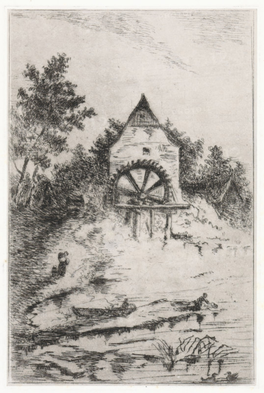 View of a watermill, print, printmaker: Arnoud Schaepkens, 1855 - 1904, paper, chine collé, etching, drypoint, etching and drypoint, height 217 mm x width 144 mm, watermill in landscape, A vertical black and white sketch of a riverside scene showing a triangular-roofed building with a large waterwheel partially enclosed by foliage, trees lining the left and right, a winding shoreline with textured water, a small boat with a seated figure, another small figure in the water near the center, and various grassy plants and ripples in the foreground.