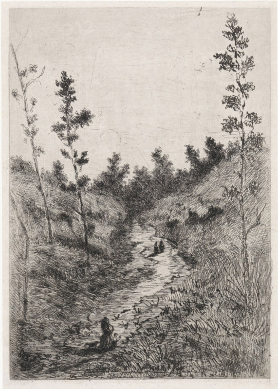 Walkers on a path between two hills, print, printmaker: Arnoud Schaepkens, 1855 - 1904, paper, chine collé, etching, drypoint, etching and drypoint, height 260 mm x width 183 mm, forest path or lane, low hill country, A narrow, vertically oriented monochrome etching depicting a winding dirt path or stream flanked by tall grasses and sloping banks, with slender, leafy trees rising along both sides; dense, scribbled foliage fills the middle ground and distant treeline, while the foreground shows textured grass and vegetation. Two small seated human figures appear on the path further back, and a single small figure sits closer to the foreground facing the path. The sky above is pale and largely empty, with faint scratches and marks from the etching process. The overall image is composed of fine, crosshatched lines and varied ink density creating depth and texture.