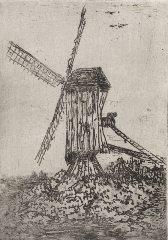 Wooden windmill in a landscape, print, printmaker: Arnoud Schaepkens, 1855 - 1904, paper, chine collé, etching, drypoint, etching and drypoint, height 153 mm x width 108 mm, windmill in landscape, A monochrome etching of a windmill with a tall, narrow wooden body and a slanted roof, rendered with fine, sketchy lines; two sails extend from the mill, one diagonal toward the upper left and another angled downward, both showing lattice-like structure; the mill stands on a raised base supported by angled beams and surrounded by rough, textured ground and vegetation at its foot; a horizontal beam projects from the mill with a small, indistinct figure or object perched on it; the background is plain and lightly textured with faint marks and a small cluster of dark smudges near the upper right.