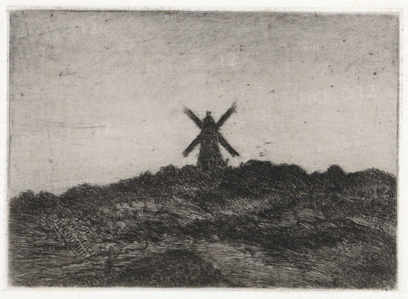 Mill in a dune landscape, print, stamp: 'H.Godard, Rue de la Huchette 27, Paris (in mirror image)', printmaker: Arnoud Schaepkens, 1855 - 1904, paper, chine collé, etching, drypoint, etching and drypoint, height 109 mm x width 152 mm, dunes (sea not visible), in the dunes, watermill in landscape, A monochrome etched landscape showing a lone windmill silhouette on a low ridge against a pale sky, with dark, densely hatched hills and textured ground in the foreground and scattered small marks across the sky.