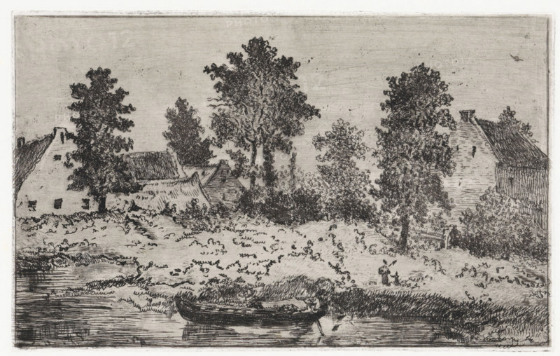 Houses by the river, print, printmaker: Arnoud Schaepkens, 1855 - 1904, paper, chine collé, etching, drypoint, etching and drypoint, height 148 mm x width 237 mm, landscapes with waters, waterscapes, seascapes (in the temperate zone), A detailed black and white etching shows a riverside scene with a small wooden boat moored at the water's edge in the foreground, reflected faintly on the water's surface. Behind the boat, a grassy and slightly overgrown bank rises toward a cluster of trees and shrubs rendered with dense, textured lines. Interspersed among the foliage are several simple houses with steeply pitched roofs and chimneys, their walls and thatch suggested by short, parallel hatch marks. Tall, leafy trees dominate the midground, their canopies drawn with intricate stippling and curving strokes, and smaller bushes and hedgerows fill gaps between buildings. The sky above is sparsely marked with light horizontal scratches and a single small bird in flight. The overall composition i...
