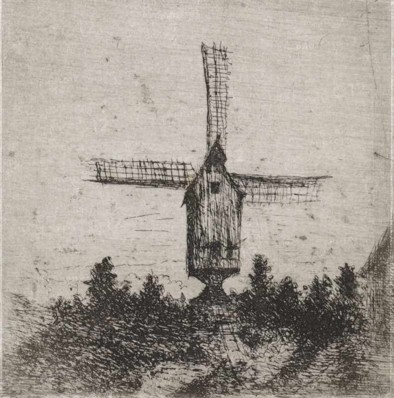 Windmill with three visible blades, print, printmaker: Arnoud Schaepkens, 1855 - 1904, paper, chine collé, etching, drypoint, etching and drypoint, height 93 mm x width 91 mm, windmill in landscape, A vertical wooden structure with a pointed roof stands in the center, its long horizontal blades extending outward with a grid-like pattern; dense, dark foliage and shrubbery cluster at the base, spreading across the lower area, while the background shows a textured, light surface with subtle marks and lines.