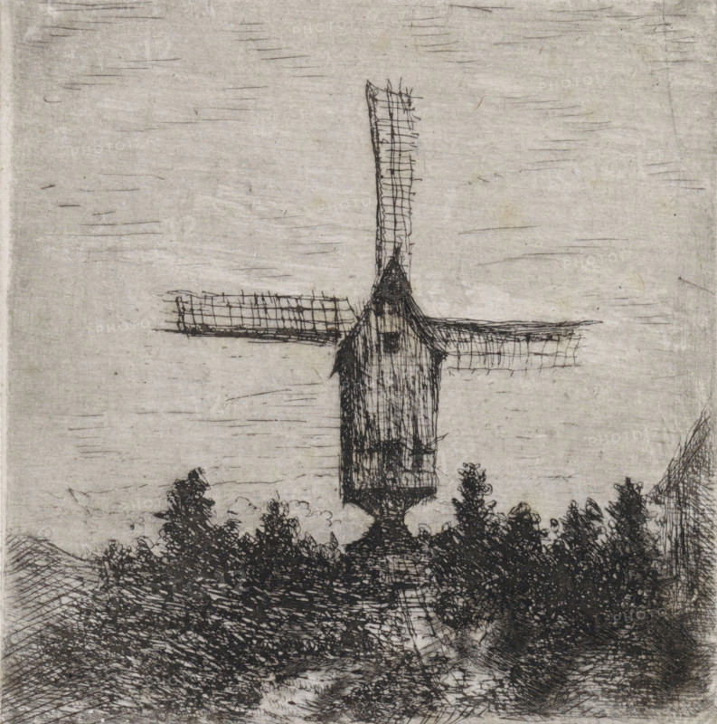 Windmill with three visible blades, print, printmaker: Arnoud Schaepkens, 1855 - 1904, paper, chine collé, etching, drypoint, etching and drypoint, height 94 mm x width 91 mm, windmill in landscape, A monochrome etching shows a tall vertical structure with a narrow base that widens slightly and supports horizontal lattice-like blades, resembling a windmill, set against a textured pale sky filled with short, linear scratches; below the structure a dense area of dark, tangled foliage and undergrowth fills the foreground with overlapping hatched lines and crosshatching, and faint linear marks suggest distant ground and subtle shading around the central form.