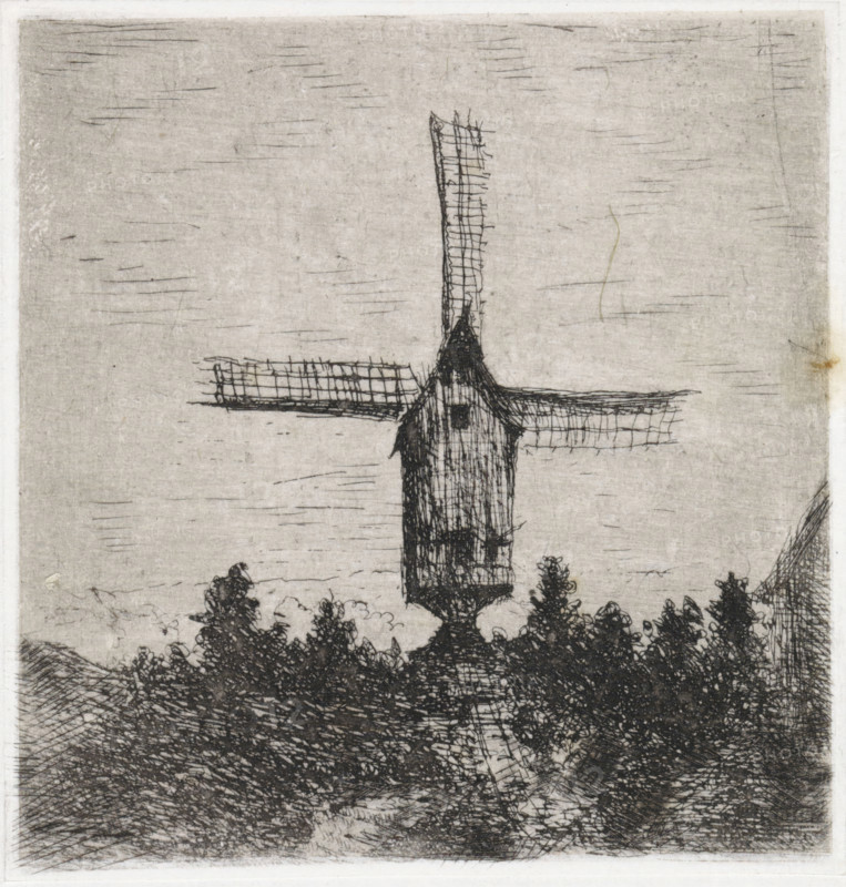 Windmill with three visible blades, print, printmaker: Arnoud Schaepkens, 1855 - 1904, paper, chine collé, etching, drypoint, etching and drypoint, height 94 mm x width 91 mm, windmill in landscape, A monochrome etching showing the upper portion of a windmill with a tall, narrow tower and a peaked roof, its horizontal sails rendered with crosshatched lines, set above a dark, densely hatched foreground of trees and shrubs, with a textured sky of light shading and fine horizontal scratch-like marks.