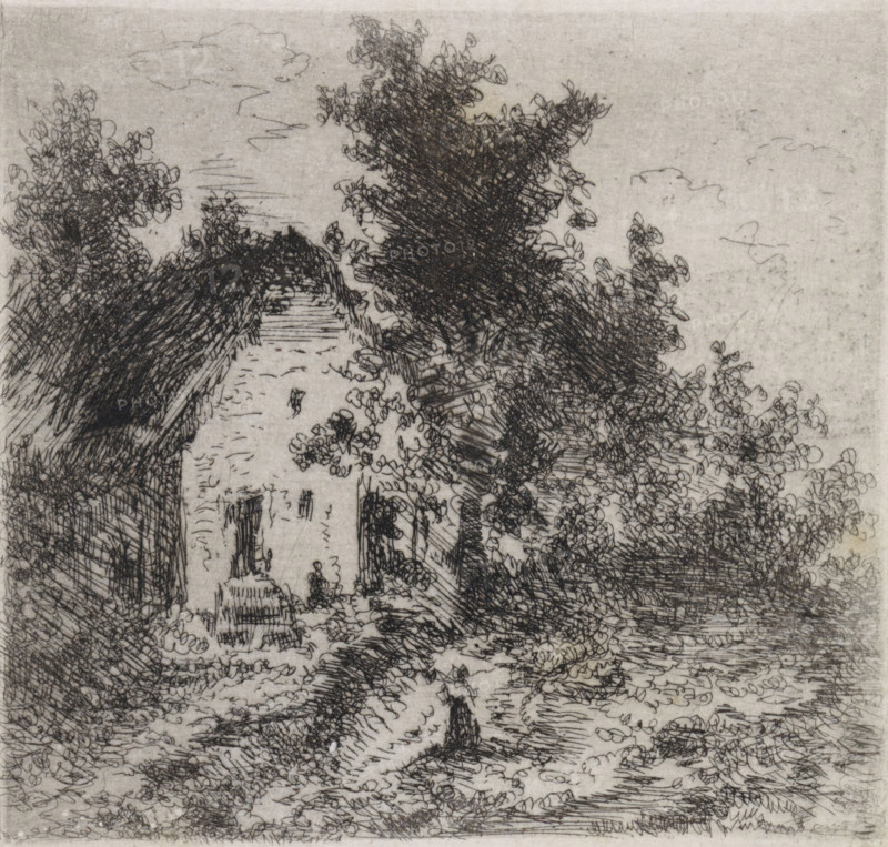 Farm under trees, print, printmaker: Arnoud Schaepkens, 1855 - 1904, paper, chine collé, etching, drypoint, etching and drypoint, height 90 mm x width 95 mm, farm or solitary house in landscape, A monochrome sketch showing a narrow country lane flanked by dense foliage and trees with scribbled, looping leaves and textured trunks, a thatched-roof cottage partially visible behind overhanging branches on one side, a small figure standing on the path near the cottage, layered hatching and cross-hatching creating shadows and ground texture, and a sky with faint, wispy cloud shapes.