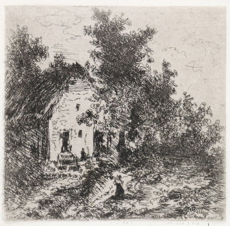 Farm under trees, print, printmaker: Arnoud Schaepkens, 1855 - 1904, paper, chine collé, etching, drypoint, etching and drypoint, height 91 mm x width 94 mm, farm or solitary house in landscape, A monochrome etching showing a narrow lane bordered by tall, densely scribbled trees and bushes, with textured foliage rendered in looping, crosshatched lines; a small stone building with a steep roof sits along the left side of the lane, its facade sketched with vertical and horizontal strokes and dark recessed openings; the path winds forward with rough, irregular marks indicating uneven ground and scattered vegetation; figures are suggested by small, dark silhouettes positioned along the lane and near the building; the sky is pale with a few faint, wispy cloud outlines above the treetops.