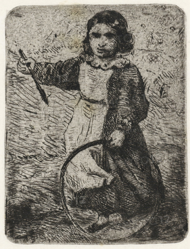 Girl with hoop, print, printmaker: Arnoud Schaepkens, 1831 - 1904, paper, chine collé, etching, drypoint, etching and drypoint, height 117 mm x width 88 mm, (bowling a) hoop, A monochrome etching of a young person shown from head to toe within a rounded-rectangle frame, wearing a dress with a ruffled collar and long sleeves, with dark hair styled close to the head, one arm extended holding a slender stick and the other hand grasping a hoop, the figure standing on textured ground marked by numerous short etched lines, the background filled with similar dense hatch marks and smudged tonal areas.
