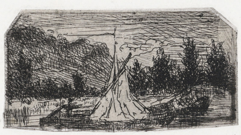 Sailing ship in a hilly landscape, print, printmaker: Arnoud Schaepkens, 1831 - 1904, paper, chine collé, etching, drypoint, etching and drypoint, height 51 mm x width 96 mm, sailing-ship, sailing-boat, landscapes with waters, waterscapes, seascapes (in the temperate zone), A monochrome sketch showing a triangular sail or tent shape centered in the foreground with lines suggesting fabric folds, flanked by small rowboats at its base, surrounded by dense, scribbled foliage and trees on both sides, layered horizontal and diagonal hatch marks filling the sky, a suggestion of distant clouds above a textured landscape, and a rectangular border framing the scene.