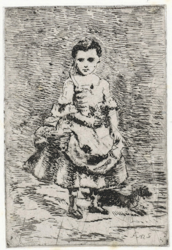 Young girl with dog, print, printmaker: Arnoud Schaepkens, 1831 - 1904, paper, chine collé, etching, drypoint, etching and drypoint, height 141 mm x width 96 mm, dog, girl (child between toddler and youth), A monochrome etching shows a young girl standing and facing forward, wearing a dress with puffed sleeves and a full skirt, her hair pulled back, and a neutral facial expression; she holds a small bouquet near her waist and one hand rests at her side; a small dog stands by her feet looking outward; the background is filled with dense horizontal and diagonal hatch marks creating a textured, sketchlike backdrop.