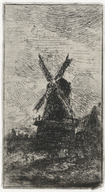 Windmill, print, printmaker: Arnoud Schaepkens, 1831 - 1904, paper, chine collé, etching, drypoint, etching and drypoint, height 115 mm x width 63 mm, windmill in landscape, A tall windmill with crossed sails stands on a raised base in the center of the image, rendered in dark, dense etching lines that contrast with a lighter, heavily textured sky filled with curved and horizontal hatch marks; to the right a smaller pointed-roof structure appears partially visible, and the foreground shows rough, darkly shaded ground and low vegetation suggested by sketchy strokes.
